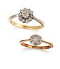 TWO 18CT AND PLATINUM DIAMOND RINGS, the first a diamond cluster ring set w