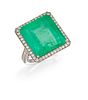 AN EMERALD AND DIAMOND RING, the octagonal step cut emerald, 27.70cts, in a