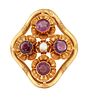 A? RUBY AND PEARL BROOCH,?the four round faceted rubies, collet mounted wit