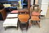 Eight-piece lot to include two college armchairs, inlaid stacking tables, one drawer stand, two upholstered benches, banister back chair along with a 