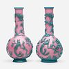 Chinese, pink Peking glass 'Phoenix' vases with turquoise overlay, pair