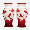 Chinese, white Peking glass vases with red overlay, pair
