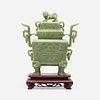 Chinese, spinach green jade archaistic censer and cover