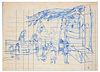 Jeanne Daour<br><br>Lunapark, Mid XX century<br>Drawing on paper, 13,6 x 19 cm<br>Lunapark is a wonderful blue ink original drawing realized on an acc