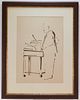 American Modernist Xylophonist Brown Ink Drawing