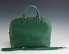 Louis Vuitton Green Epi Electric Leather Alma BB, with gold tone two-way zipper opening to a green Alcantara lining with a single sl...