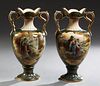 Pair of Transferware Handled Baluster Porcelain Vases, c. 1900, with reserves of women at work, with gilt handles and highlights, H....
