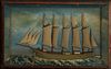 American Folk Art Ship Diorama, 19th c., of a paint decorated four mast schooner, with carved bone sails, presented in a shadowbox f...