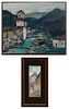 F. Ale, "Tower Along the River," 20th c., oil on canvas, signed lower left, unframed; together with "Medieval Tower and Street," 20t...