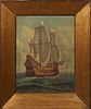 German School, "Galleon on the Sea," early 20th c., oil on board, presented in a wide gilt oak frame, H.- 19 in., W.- 14 1/4 in. Provenance: from a co