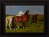 Alexandre Clarys (1857-1920), "Horses in a Green Field," early 20th c., oil on canvas, signed lower left, presented in an ebonized frame, H.- 19 in., 