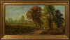 English School, "Figure on a Country Road," early 20th c., oil on canvas, presented in a carved giltwood frame, H.- 11 1/2 in., W.- 23 3/4 in. Provena