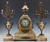 Rare Boston Clock Co. Tandem Wind Spelter and Onyx Three Piece Clock Set, c. 1900, the arched urn surmounted time and strike clock with a paint decora