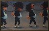 Don Wright (1938-2007, Louisiana), "Four Men in Chains," 1986, oil on canvas, signed and dated lower left, presented in a polychromed oak frame, H.-23
