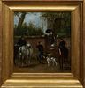 American School, "Union Soldiers Greeting a Lady," 19th c., oil on board, presented in a wide gilt cove molded frame, H.- 18 1/2 in., W.- 17 1/2 in. P