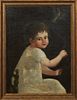 English School, "Girl with a Bird on a String, 19th c., oil on canvas, presented in a burnished gilt frame, H.- 21 1/2 in., W.- 16 1/2 in. Provenance: