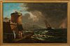 Italian School, "Harbor Scene with Departing Ship and People on the Dock," 19th c., oil on canvas, presented in a gilt frame with a beaded liner, H.- 