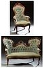 Two Piece American Carved Walnut Assembled Parlor Suite, late 19th c. consisting of a double chairback settee with pierce carved crest rails over a tu