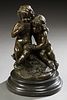 Continental School, "Pan and Friend," 20th c., patinated bronze group by European Bronze Finery, on an integral stepped black marble base, H.- 12 in.,