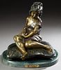 In the Manner of Auguste Moreau (1834-1917, French), "Girl on Pillow," 20th c., bronze sculpture signed "A. Moreau" verso, brass title plaque lower ce