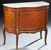 Diminutive Louis XV Style Ormolu Mounted Marble Top Console, 20th c., the bow front white marble over a serpentine parquetry inlaid cupboard, flanked 