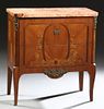French Louis XV Style Ormolu Mounted Marquetry Inlaid Marble Top Commode, early 20th c., the rounded corner highly figured tan marble, over two deep d