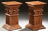 Pair of Faux Marble Pedestals, 20th c, the figured square brown top over a relief leaf frieze, to square reeded sides, on an integral stepped square b