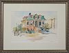 Dawson, "New Orleans Center Hall Cottage," 20th c., watercolor, signed lower right, presented in a silvered gesso frame, H.- 12 in., W.- 17 1/2 in.