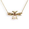 Vintage 14K Gold & Pearl Bee Necklace
