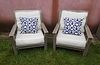 Pair of Kingsley Bates Teak Wood Armchairs with White Cushions