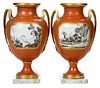 Fine Pair Sevres Coral Ground and Grisaille Urns