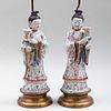 Pair of Chinese Export Porcelain Famille Rose Court Lady Candleholders Mounted as Lamps