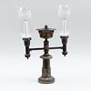 English Bronze Patinated and Gilt-Brass Two-Light Argand Lamp, Electrified