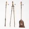 Set antique brass and steel fireplace tools