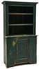 AN EARLY 19C CHILD'S OPEN CUPBOARD IN OLD GREEN PAINT