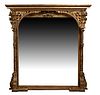 French Gilt and Gesso Belle Epoque Overmantel Mirror, c. 1890, the stepped crown over a dentillated frieze, above relief leaf and floral side supports