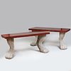 Pair of Classically Inspired Cast Stone Console Tables with Faux Porphyry Tops