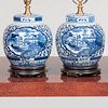 Pair of Chinese Blue and White Porcelain Jars and Covers Mounted as Lamps