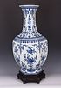 Large Hexagonal Blue and White Porcelain Vase With Mark
