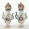 Pair of Meissen Floral Vases with Allegorical Scenes Garniture