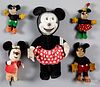 Five cloth Mickey and Minnie Mouse figures