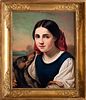 Scuola francese, secolo XIX - Half-length young woman with little dog