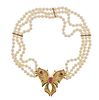18K Gold Diamond Multi Color Stone Pearl Pendant on Necklace