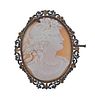 Antique 14k Gold Silver Shell Cameo Large Brooch 