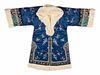 A Fur Lined Blue Ground Embroidered  Silk Winter Coat
Length from collar to hem 46 1/2 in., 110.8 cm.