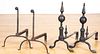 Two pairs of wrought iron andirons, etc.