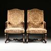 A PAIR OF LOUIS XIV STYLE CUT VELVET UPHOLSTERED AND CARVED WALNUT TALL BACK ARMCHAIRS, 19TH CENTURY,