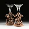 A PAIR OF BLACK FOREST FIGURAL CARVED WALNUT AND GLASS SPILL VASES, POSSIBLY GERMAN/SWISS, LATE 19TH CENTURY,