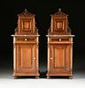A PAIR OF FRENCH RENAISSANCE REVIVAL MARBLE TOPPED WALNUT BEDSIDE CABINETS, LATE 19TH/EARLY 20TH CENTURY,