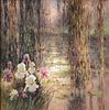 JIAN LIU (Chinese b. 1972) A PAINTING, "Iris and Weeping Willow by the Lily Pad Pond,"